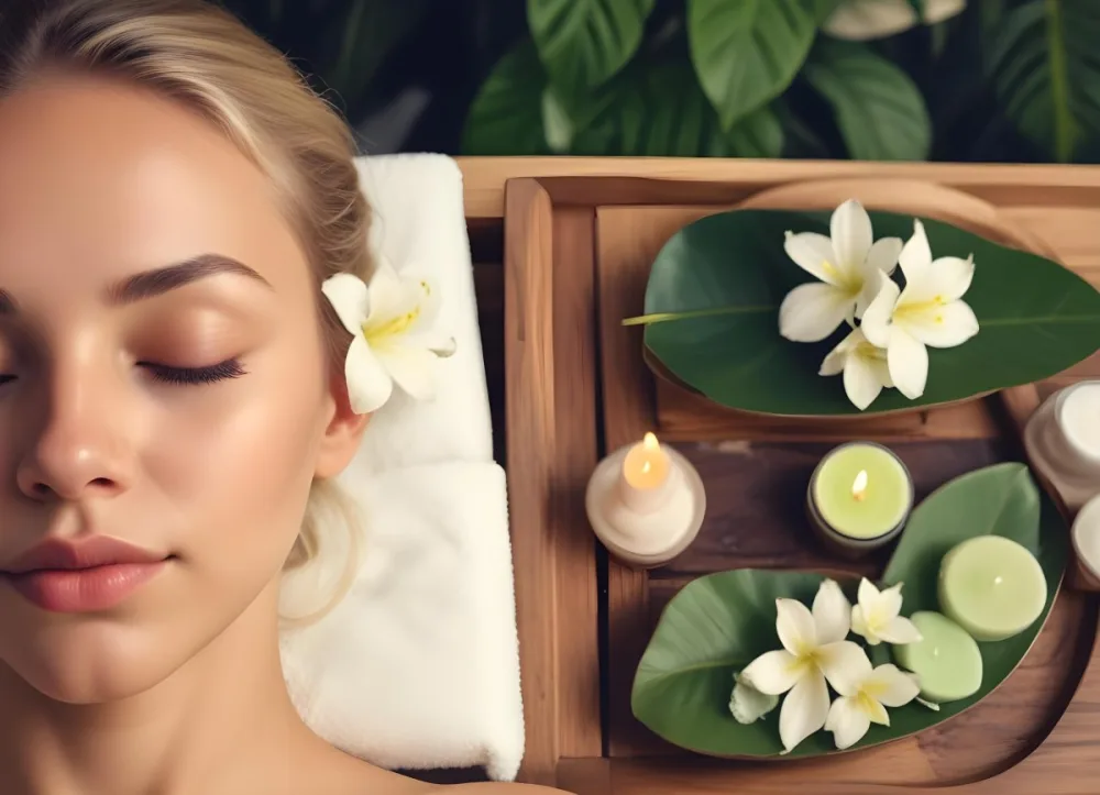 A Young Woman With Light Skin And Blonde Hair Eyes Closed Relaxing On A Spa Table She Has A White Flower Tucked Behind Her Ear In The Foreground There Is A Wooden Tray Containing Green Candles A Bar Of Soap And A 15 552c
