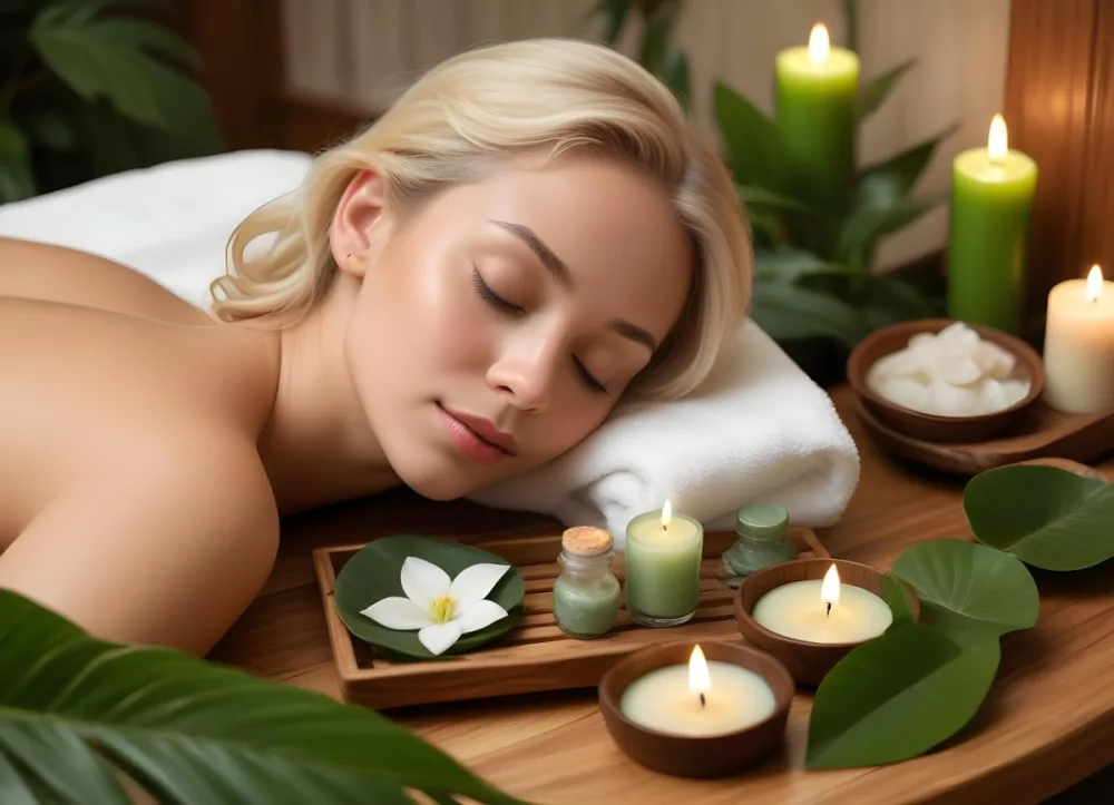 A Young Woman With Light Skin And Blonde Hair Eyes Closed Relaxing On A Spa Table She Has A White Flower Tucked Behind Her Ear In The Foreground There Is A Wooden Tray Containing Green Candles A Bar Of Soap And A 17 86f2