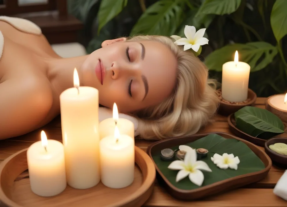 A Young Woman With Light Skin And Blonde Hair Eyes Closed Relaxing On A Spa Table She Has A White Flower Tucked Behind Her Ear In The Foreground There Is A Wooden Tray Containing Green Candles A Bar Of Soap And A 18 F23e
