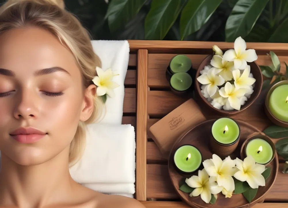 A Young Woman With Light Skin And Blonde Hair Eyes Closed Relaxing On A Spa Table She Has A White Flower Tucked Behind Her Ear In The Foreground There Is A Wooden Tray Containing Green Candles A Bar Of Soap And A 19 8a13
