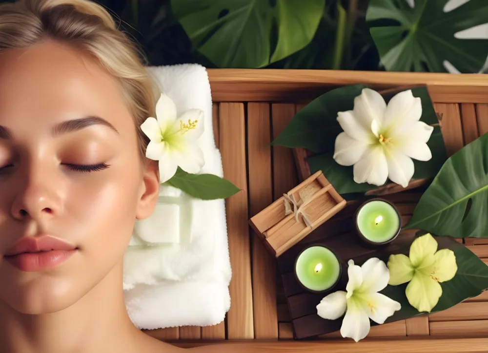 A Young Woman With Light Skin And Blonde Hair Eyes Closed Relaxing On A Spa Table She Has A White Flower Tucked Behind Her Ear In The Foreground There Is A Wooden Tray Containing Green Candles A Bar Of Soap And A 20 E369