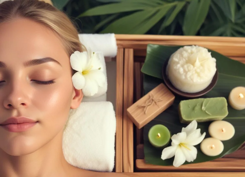 A Young Woman With Light Skin And Blonde Hair Eyes Closed Relaxing On A Spa Table She Has A White Flower Tucked Behind Her Ear In The Foreground There Is A Wooden Tray Containing Green Candles A Bar Of Soap And A 3 4aea