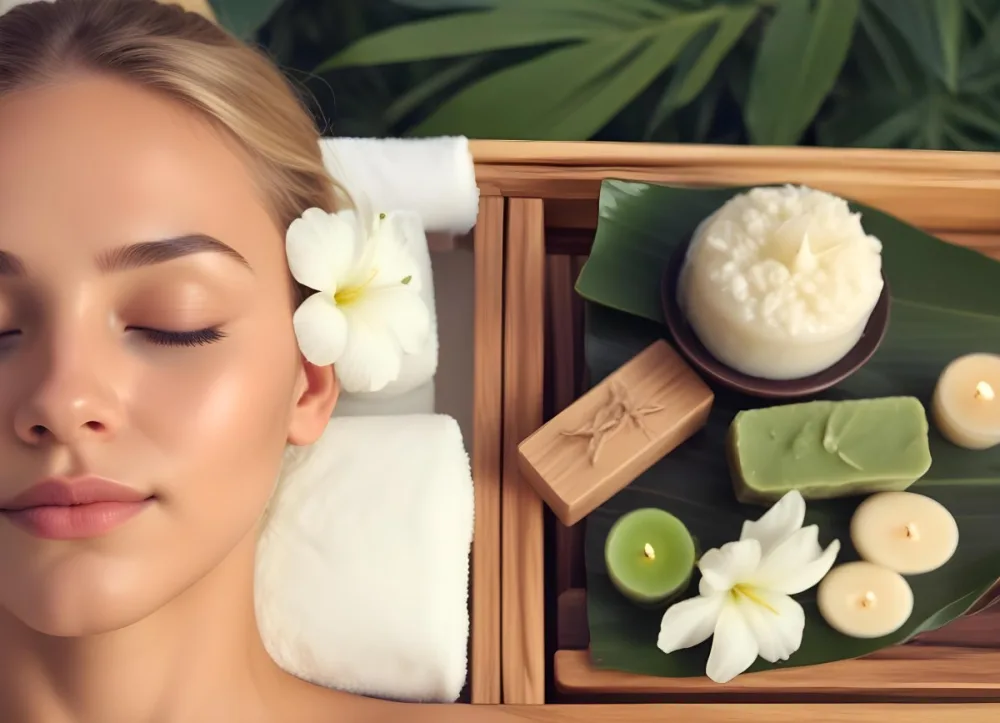 A Young Woman With Light Skin And Blonde Hair Eyes Closed Relaxing On A Spa Table She Has A White Flower Tucked Behind Her Ear In The Foreground There Is A Wooden Tray Containing Green Candles A Bar Of Soap And A 4 98b7