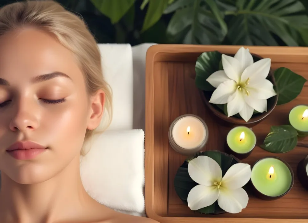 A Young Woman With Light Skin And Blonde Hair Eyes Closed Relaxing On A Spa Table She Has A White Flower Tucked Behind Her Ear In The Foreground There Is A Wooden Tray Containing Green Candles A Bar Of Soap And A 6 4bd5