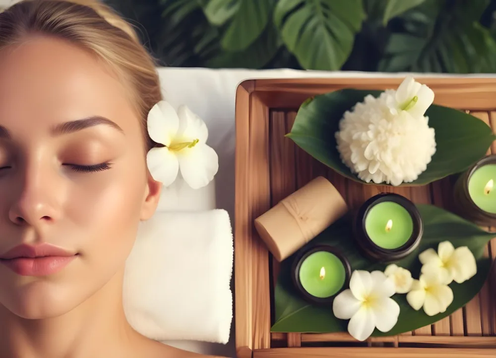 A Young Woman With Light Skin And Blonde Hair Eyes Closed Relaxing On A Spa Table She Has A White Flower Tucked Behind Her Ear In The Foreground There Is A Wooden Tray Containing Green Candles A Bar Of Soap And A 8 7f3b
