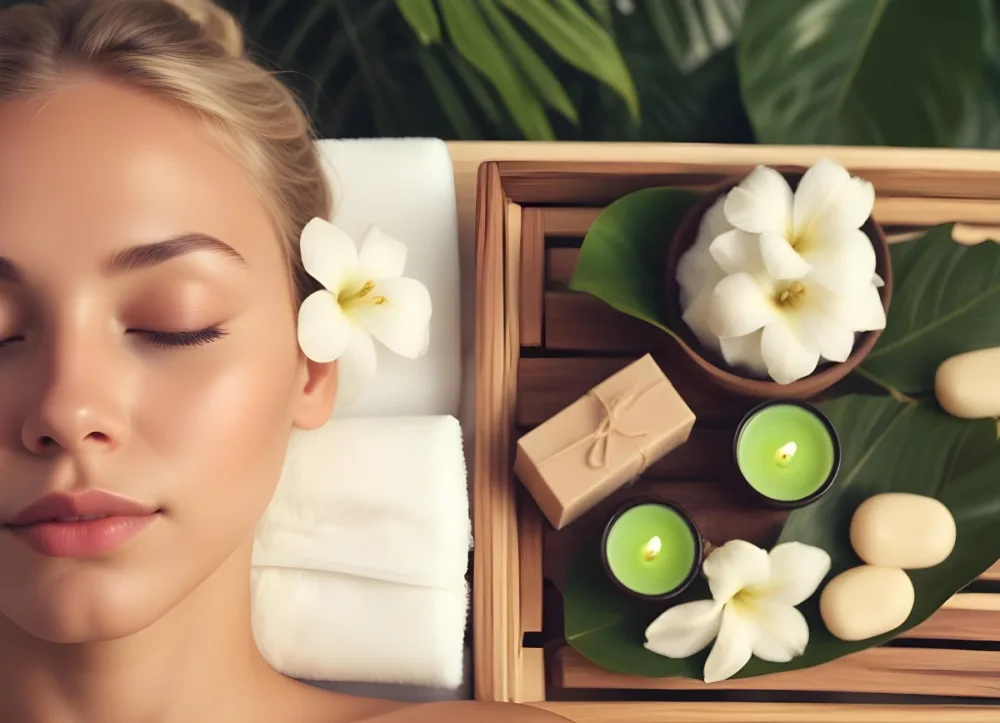 A Young Woman With Light Skin And Blonde Hair Eyes Closed Relaxing On A Spa Table She Has A White Flower Tucked Behind Her Ear In The Foreground There Is A Wooden Tray Containing Green Candles A Bar Of Soap And A 9 8a89