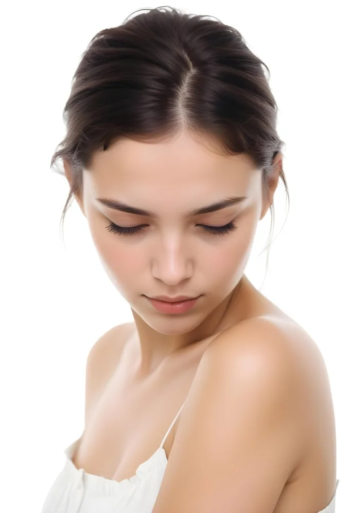 A Young Woman With Light Skin And Dark Brown Hair Approximately 25 Years Old She Has A Soft Expression With Her Head Slightly Tilted Down And Her Eyes Closed The Background Is Plain White Emphasizing Her Features 9 A73c