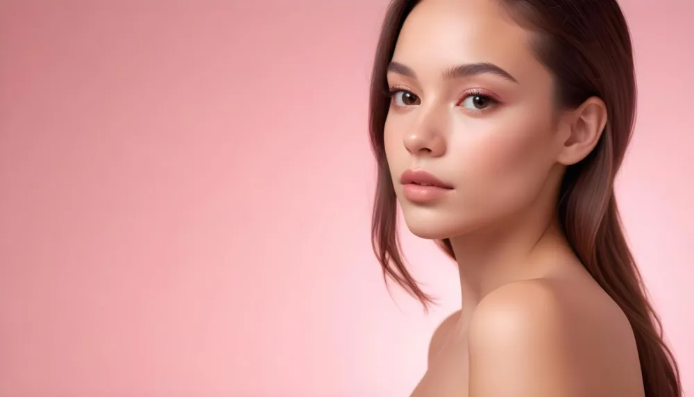 A Young Woman With Light Skin And Long Brown Hair Showcasing A Side Profile She Has Full Lips And Well Defined Cheekbones With Subtle Makeup Highlighting Her Features The Background Is A Soft Pink Gradient 1 6e1a