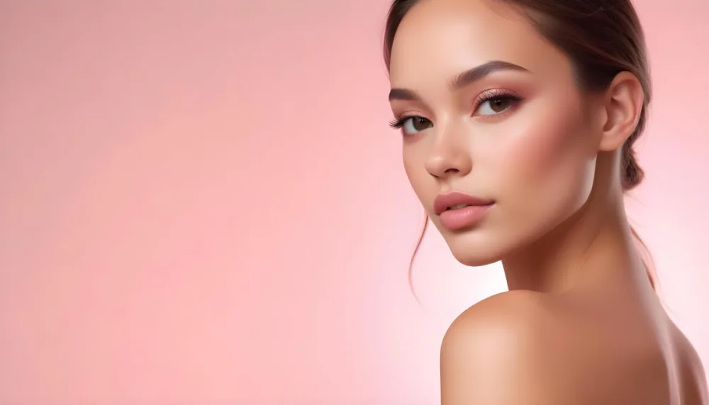 A Young Woman With Light Skin And Long Brown Hair Showcasing A Side Profile She Has Full Lips And Well Defined Cheekbones With Subtle Makeup Highlighting Her Features The Background Is A Soft Pink Gradient 16 D955