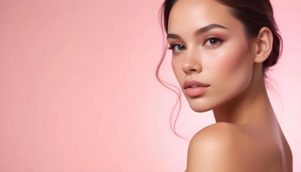 A Young Woman With Light Skin And Long Brown Hair Showcasing A Side Profile She Has Full Lips And Well Defined Cheekbones With Subtle Makeup Highlighting Her Features The Background Is A Soft Pink Gradient 18 5e06