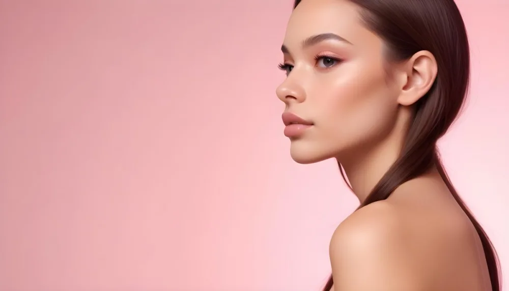 A Young Woman With Light Skin And Long Brown Hair Showcasing A Side Profile She Has Full Lips And Well Defined Cheekbones With Subtle Makeup Highlighting Her Features The Background Is A Soft Pink Gradient 22 Fcc6