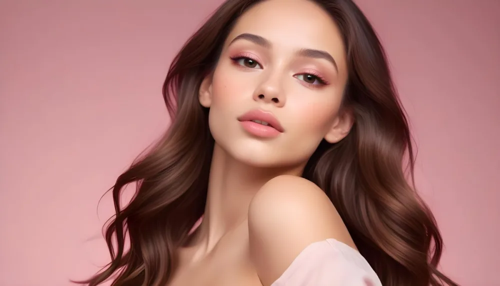 A Young Woman With Light Skin And Long Brown Hair Showcasing A Side Profile She Has Full Lips And Well Defined Cheekbones With Subtle Makeup Highlighting Her Features The Background Is A Soft Pink Gradient 28 C778
