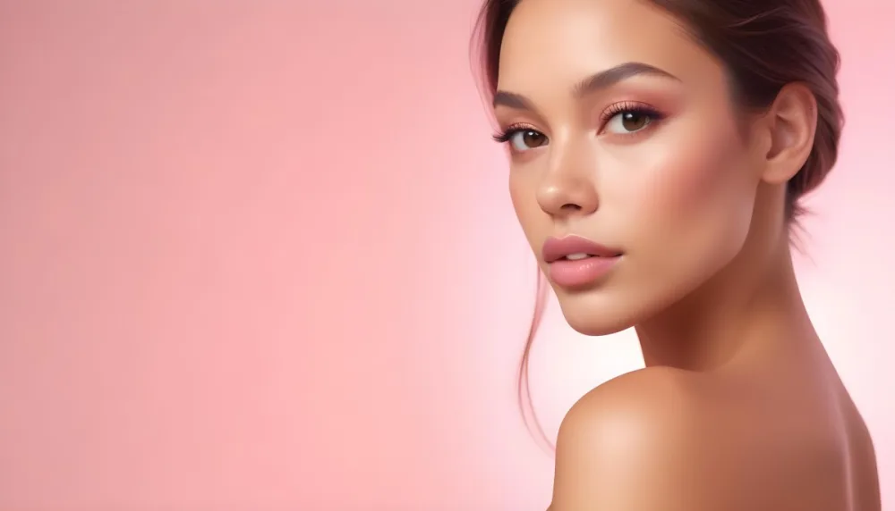 A Young Woman With Light Skin And Long Brown Hair Showcasing A Side Profile She Has Full Lips And Well Defined Cheekbones With Subtle Makeup Highlighting Her Features The Background Is A Soft Pink Gradient 6 F3f0