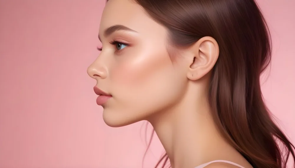 A Young Woman With Light Skin And Long Brown Hair Showcasing A Side Profile She Has Full Lips And Well Defined Cheekbones With Subtle Makeup Highlighting Her Features The Background Is A Soft Pink Gradient 7 Ccf4
