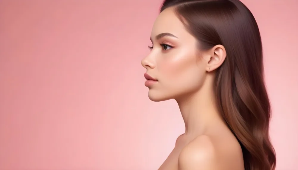 A Young Woman With Light Skin And Long Brown Hair Showcasing A Side Profile She Has Full Lips And Well Defined Cheekbones With Subtle Makeup Highlighting Her Features The Background Is A Soft Pink Gradient 9 D648