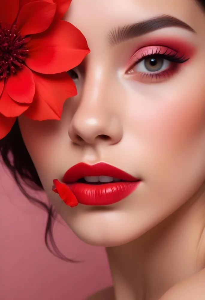 A Young Woman With Light Skin And Long Dark Hair Featuring Bold Makeup With Red Lips And Colorful Eyeshadow A Large Red Flower Partially Covers One Eye Set Against A Soft Pink Background 14 95a2