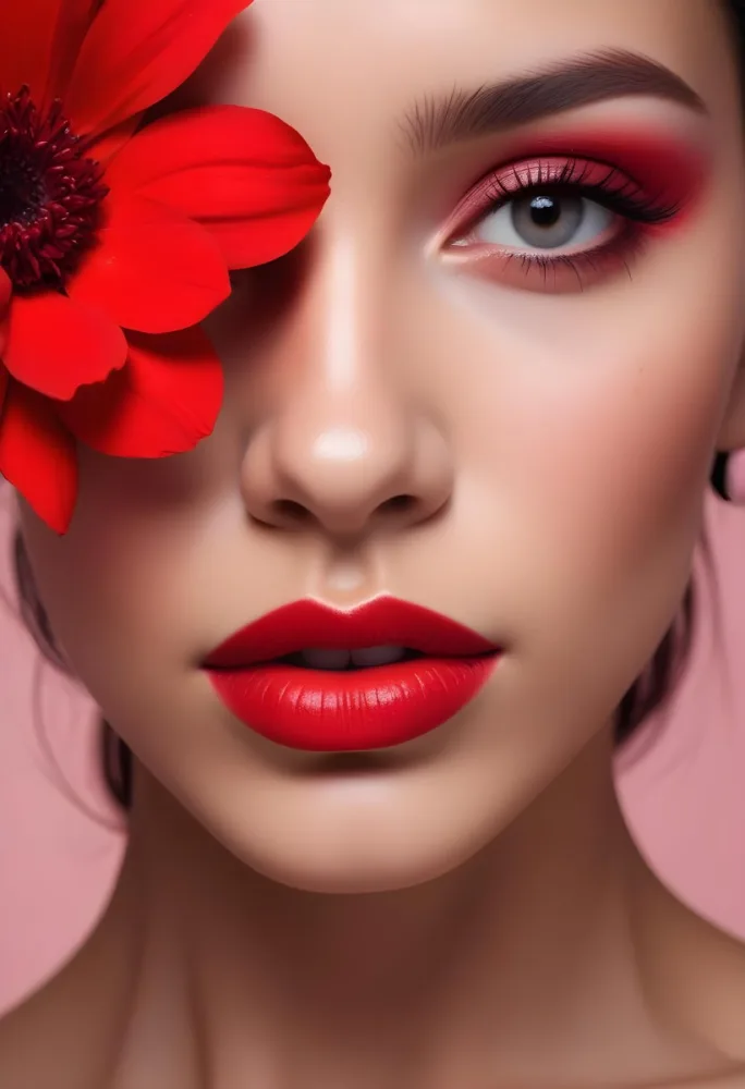 A Young Woman With Light Skin And Long Dark Hair Featuring Bold Makeup With Red Lips And Colorful Eyeshadow A Large Red Flower Partially Covers One Eye Set Against A Soft Pink Background 17 14c4