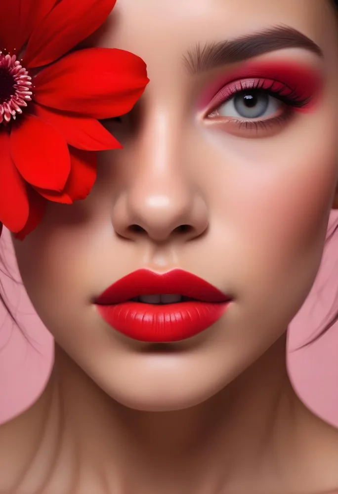 A Young Woman With Light Skin And Long Dark Hair Featuring Bold Makeup With Red Lips And Colorful Eyeshadow A Large Red Flower Partially Covers One Eye Set Against A Soft Pink Background 19 23da