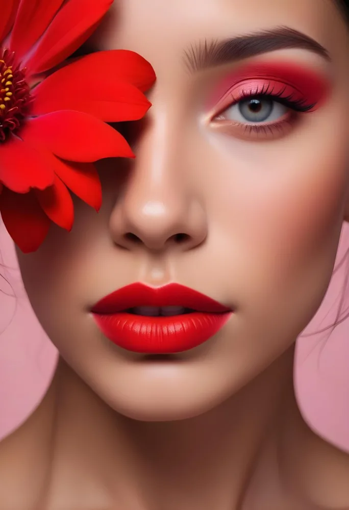 A Young Woman With Light Skin And Long Dark Hair Featuring Bold Makeup With Red Lips And Colorful Eyeshadow A Large Red Flower Partially Covers One Eye Set Against A Soft Pink Background 21 C2a0