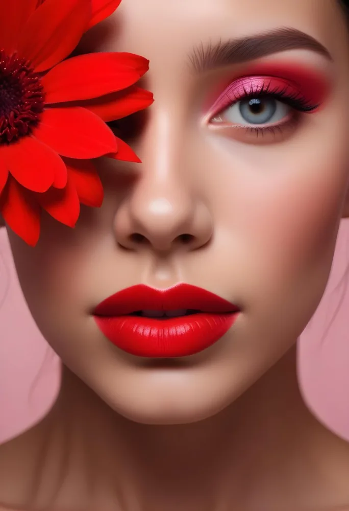 A Young Woman With Light Skin And Long Dark Hair Featuring Bold Makeup With Red Lips And Colorful Eyeshadow A Large Red Flower Partially Covers One Eye Set Against A Soft Pink Background 23 83b7