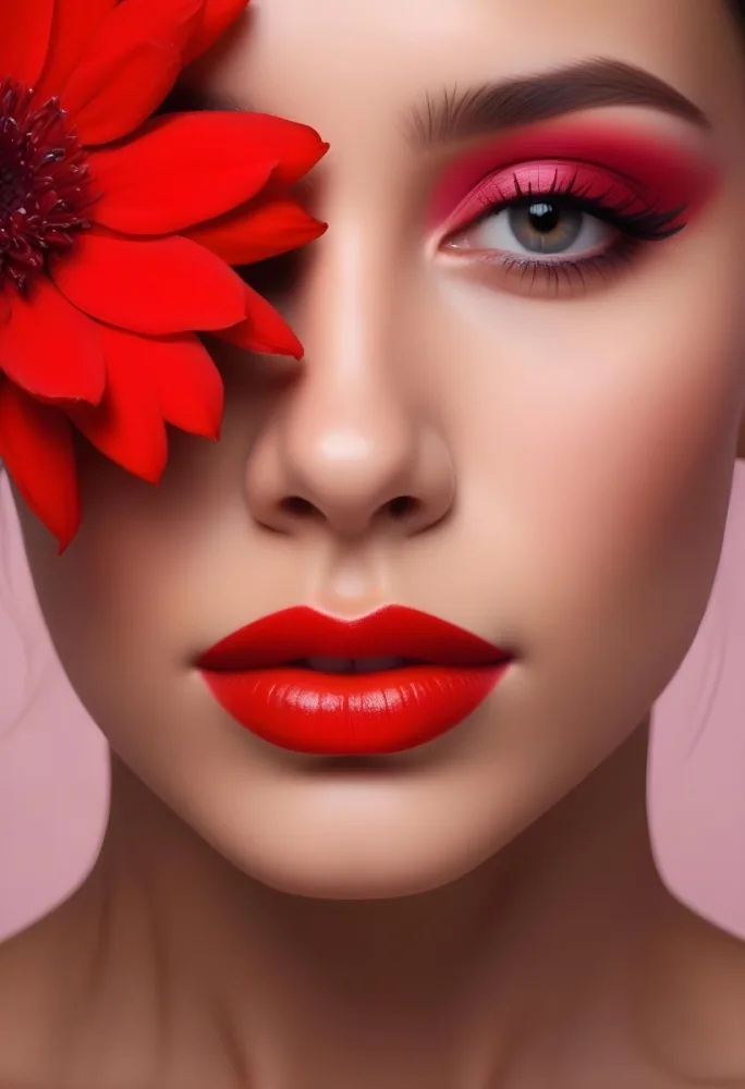 A Young Woman With Light Skin And Long Dark Hair Featuring Bold Makeup With Red Lips And Colorful Eyeshadow A Large Red Flower Partially Covers One Eye Set Against A Soft Pink Background 29 A180