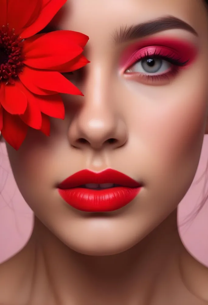 A Young Woman With Light Skin And Long Dark Hair Featuring Bold Makeup With Red Lips And Colorful Eyeshadow A Large Red Flower Partially Covers One Eye Set Against A Soft Pink Background 37 5796