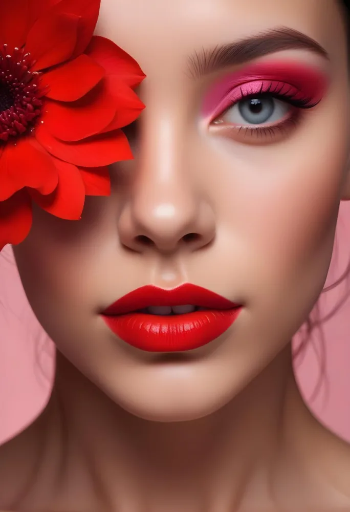 A Young Woman With Light Skin And Long Dark Hair Featuring Bold Makeup With Red Lips And Colorful Eyeshadow A Large Red Flower Partially Covers One Eye Set Against A Soft Pink Background 42 4788