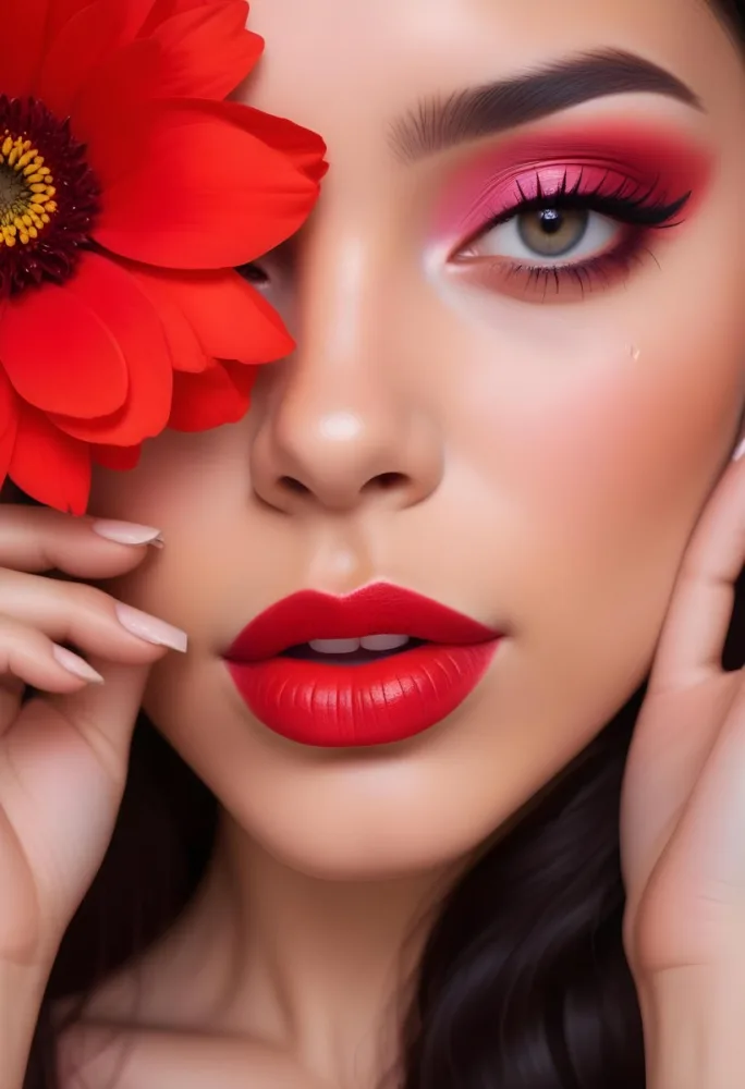 A Young Woman With Light Skin And Long Dark Hair Featuring Bold Makeup With Red Lips And Colorful Eyeshadow A Large Red Flower Partially Covers One Eye Set Against A Soft Pink Background 48 C948