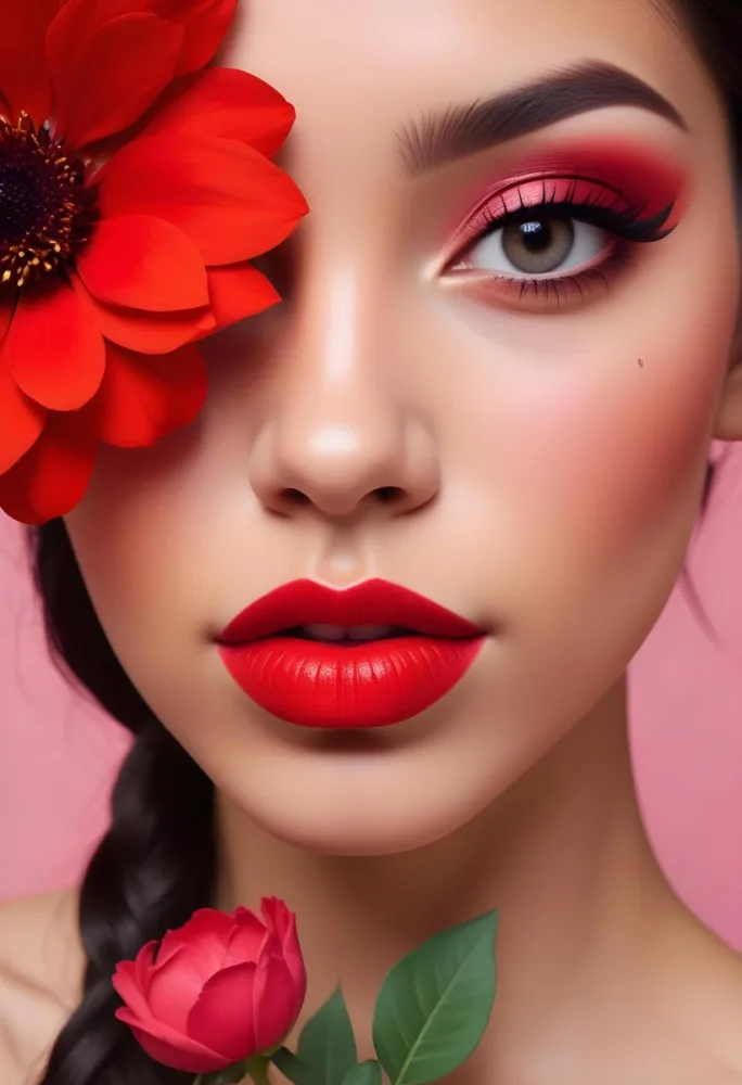 A Young Woman With Light Skin And Long Dark Hair Featuring Bold Makeup With Red Lips And Colorful Eyeshadow A Large Red Flower Partially Covers One Eye Set Against A Soft Pink Background 52 0294