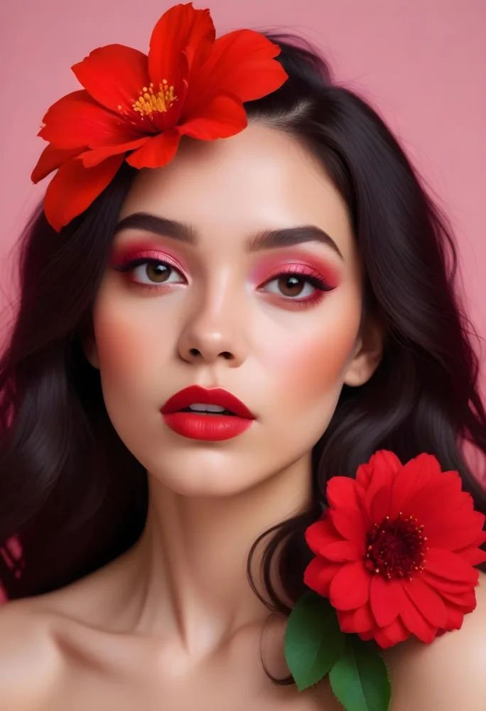 A Young Woman With Light Skin And Long Dark Hair Featuring Bold Makeup With Red Lips And Colorful Eyeshadow A Large Red Flower Partially Covers One Eye Set Against A Soft Pink Background 7 Bdd1