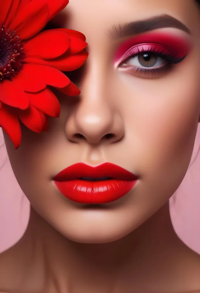 A Young Woman With Light Skin And Long Dark Hair Featuring Bold Makeup With Red Lips And Colorful Eyeshadow A Large Red Flower Partially Covers One Eye Set Against A Soft Pink Background 70 5f47