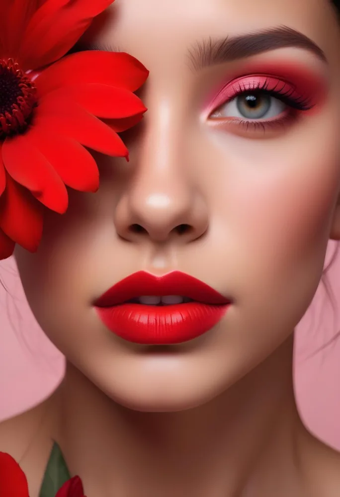 A Young Woman With Light Skin And Long Dark Hair Featuring Bold Makeup With Red Lips And Colorful Eyeshadow A Large Red Flower Partially Covers One Eye Set Against A Soft Pink Background 8 86bc