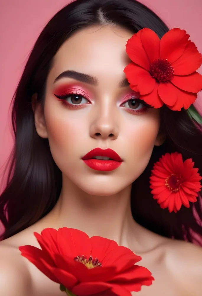 A Young Woman With Light Skin And Long Dark Hair Featuring Bold Makeup With Red Lips And Colorful Eyeshadow A Large Red Flower Partially Covers One Eye Set Against A Soft Pink Background 9 3605