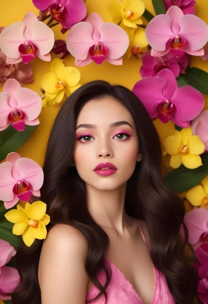 A Young Woman With Light Skin And Long Dark Hair Featuring Bold Pink Lips And Striking Eye Makeup She Is Partially Framed By Vibrant Yellow Orchids Creating A Floral Backdrop The Background Is A Soft Neutral Color 19 3573