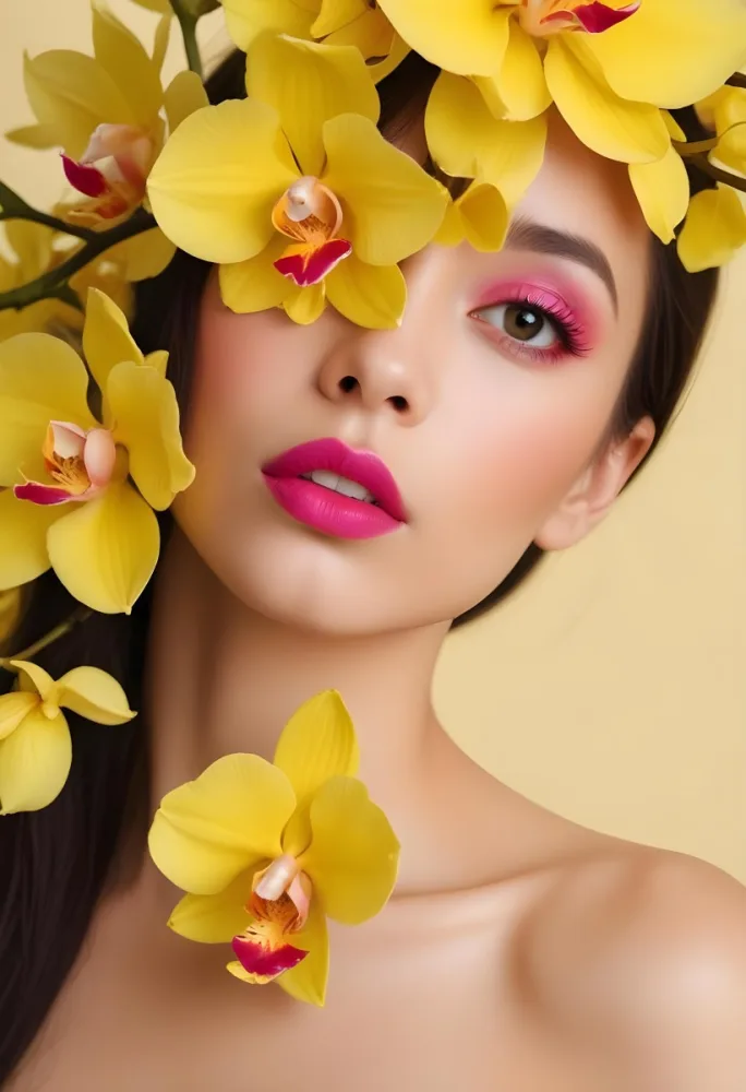 A Young Woman With Light Skin And Long Dark Hair Featuring Bold Pink Lips And Striking Eye Makeup She Is Partially Framed By Vibrant Yellow Orchids Creating A Floral Backdrop The Background Is A Soft Neutral Color 25 5808