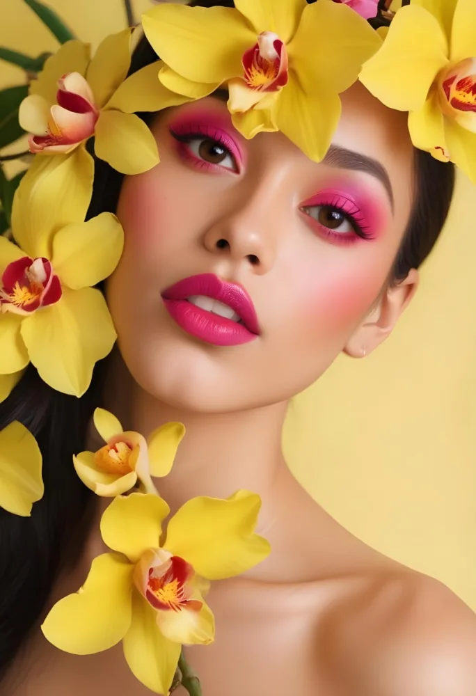 A Young Woman With Light Skin And Long Dark Hair Featuring Bold Pink Lips And Striking Eye Makeup She Is Partially Framed By Vibrant Yellow Orchids Creating A Floral Backdrop The Background Is A Soft Neutral Color 54 9547