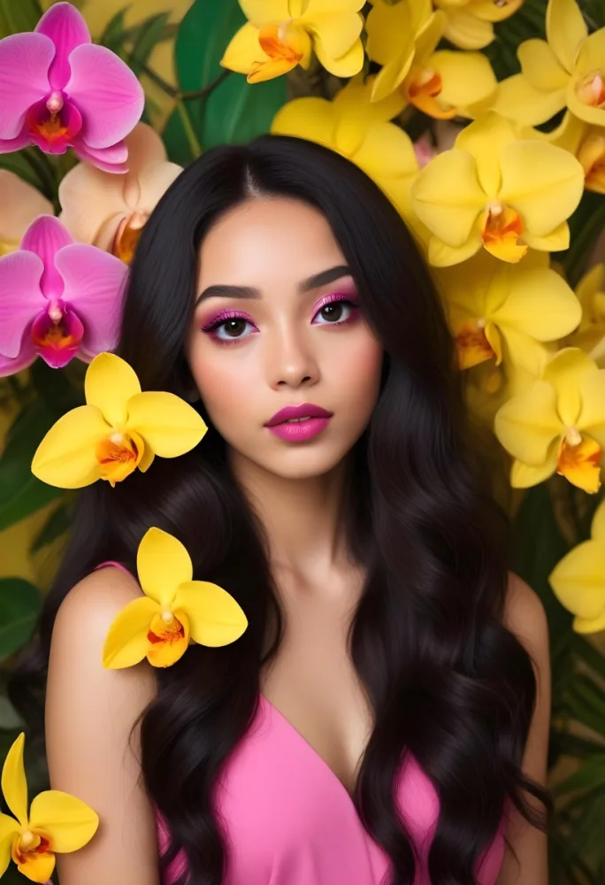 A Young Woman With Light Skin And Long Dark Hair Featuring Bold Pink Lips And Striking Eye Makeup She Is Partially Framed By Vibrant Yellow Orchids Creating A Floral Backdrop The Background Is A Soft Neutral Color 7 595a