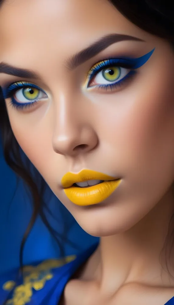 A Young Woman With Light Skin And Long Dark Hair Featuring Striking Yellow Lipstick And Bold Blue Eye Makeup Her Eyes Are Blue And The Background Is A Solid Blue Color Enhancing The Vibrant Makeup 28 B813