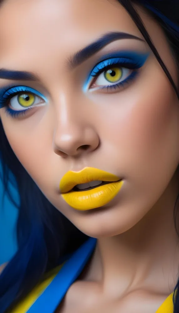 A Young Woman With Light Skin And Long Dark Hair Featuring Striking Yellow Lipstick And Bold Blue Eye Makeup Her Eyes Are Blue And The Background Is A Solid Blue Color Enhancing The Vibrant Makeup 43 E7bb
