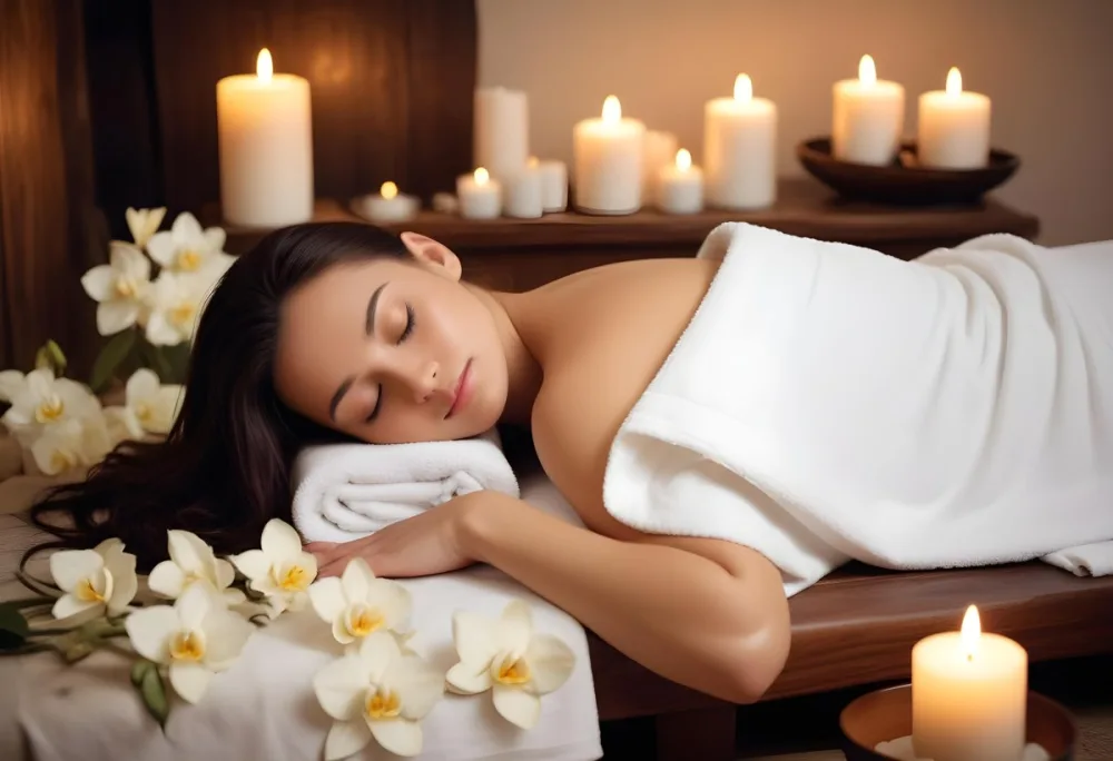A Young Woman With Light Skin And Long Dark Hair Lies On A Massage Table Covered With A White Towel She Has Her Eyes Closed And Appears Relaxed In The Foreground There Are White Orchids And Soft Towels The Backgro 3 E443