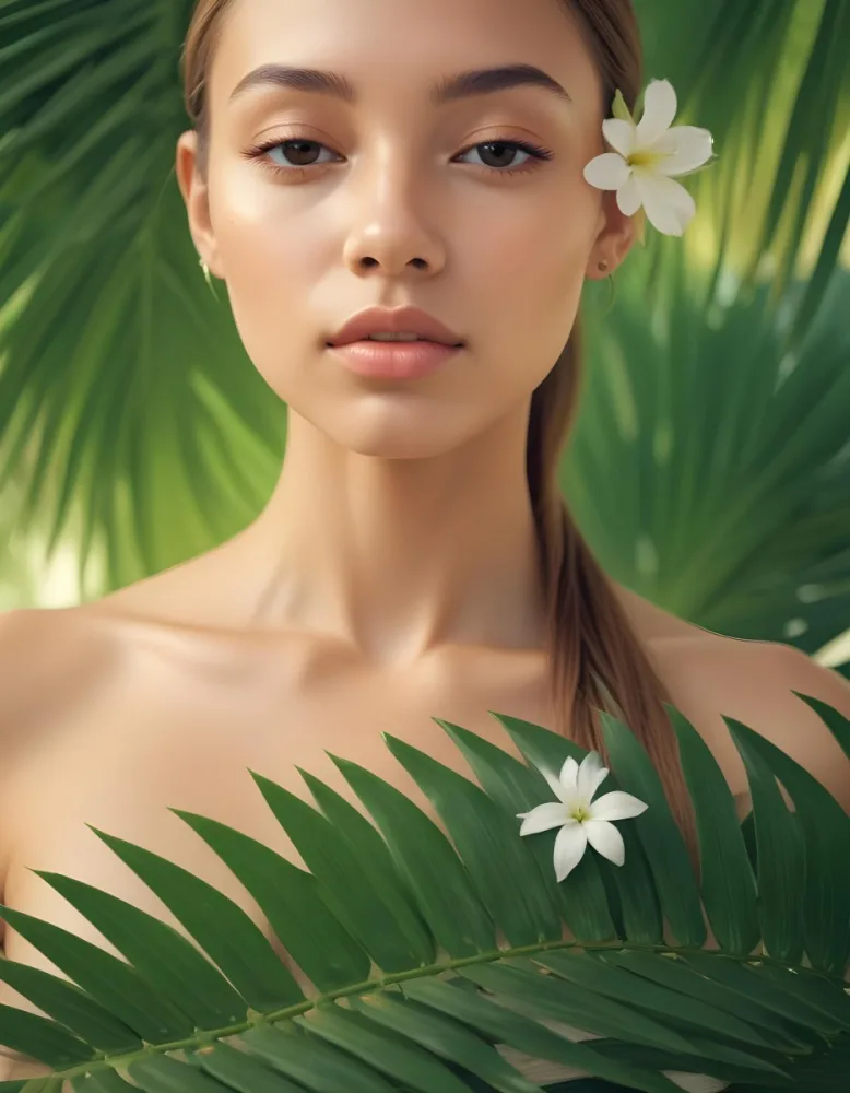 A Young Woman With Light Skin And Long Straight Hair Adorned With A White Flower She Has Her Eyes Closed And A Serene Expression Surrounded By Large Green Palm Leaves The Background Is Softly Blurred Emphasizing H 13 8fb7