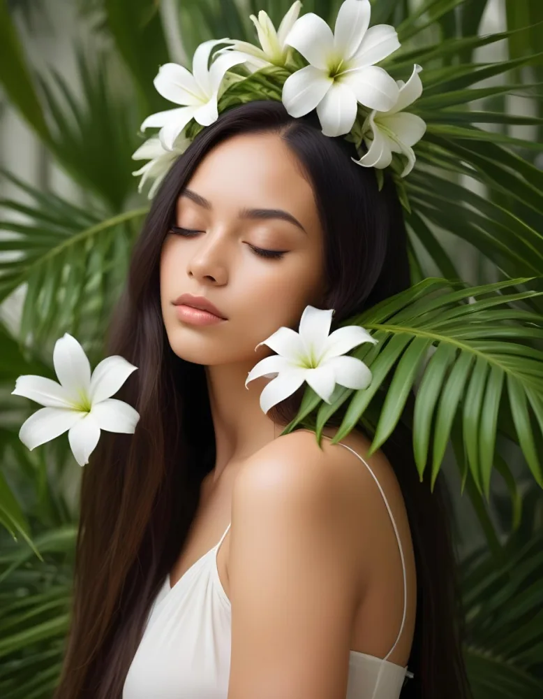 A Young Woman With Light Skin And Long Straight Hair Adorned With A White Flower She Has Her Eyes Closed And A Serene Expression Surrounded By Large Green Palm Leaves The Background Is Softly Blurred Emphasizing H 16 C0bd