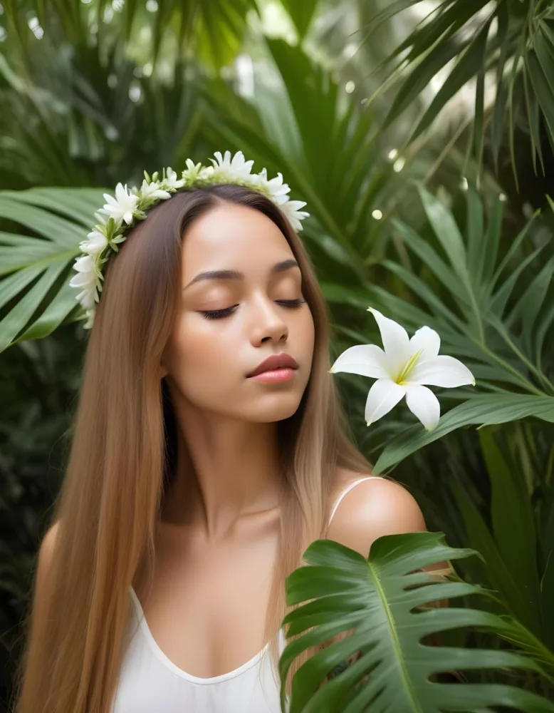 A Young Woman With Light Skin And Long Straight Hair Adorned With A White Flower She Has Her Eyes Closed And A Serene Expression Surrounded By Large Green Palm Leaves The Background Is Softly Blurred Emphasizing H 24 Dd38