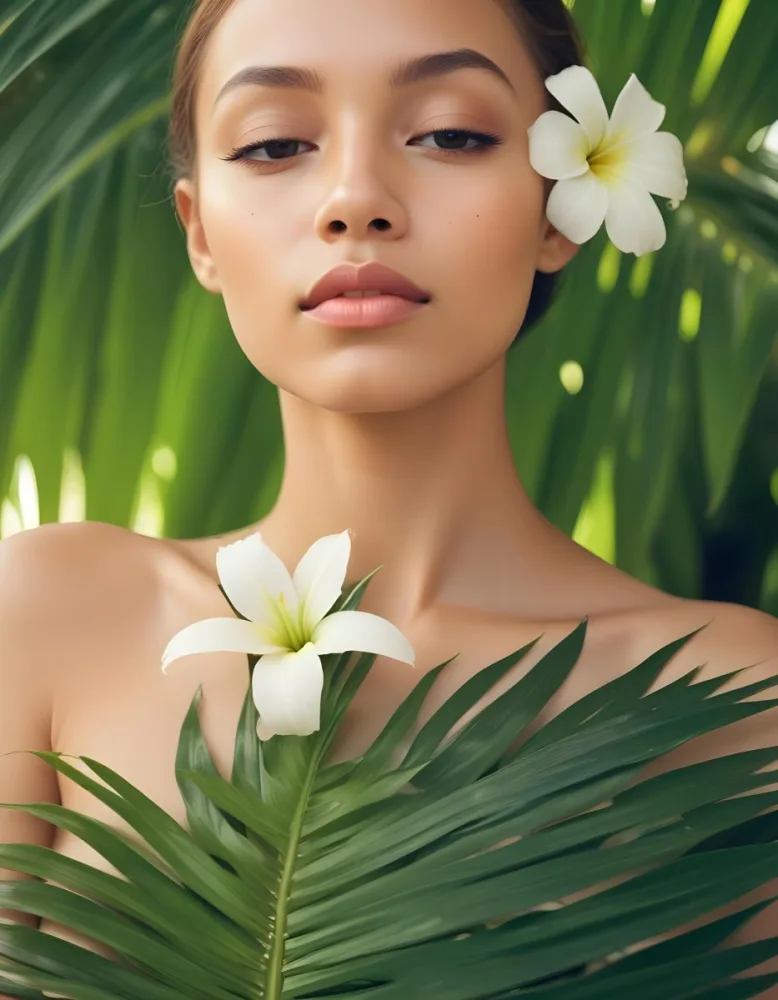 A Young Woman With Light Skin And Long Straight Hair Adorned With A White Flower She Has Her Eyes Closed And A Serene Expression Surrounded By Large Green Palm Leaves The Background Is Softly Blurred Emphasizing H 29 B6cd