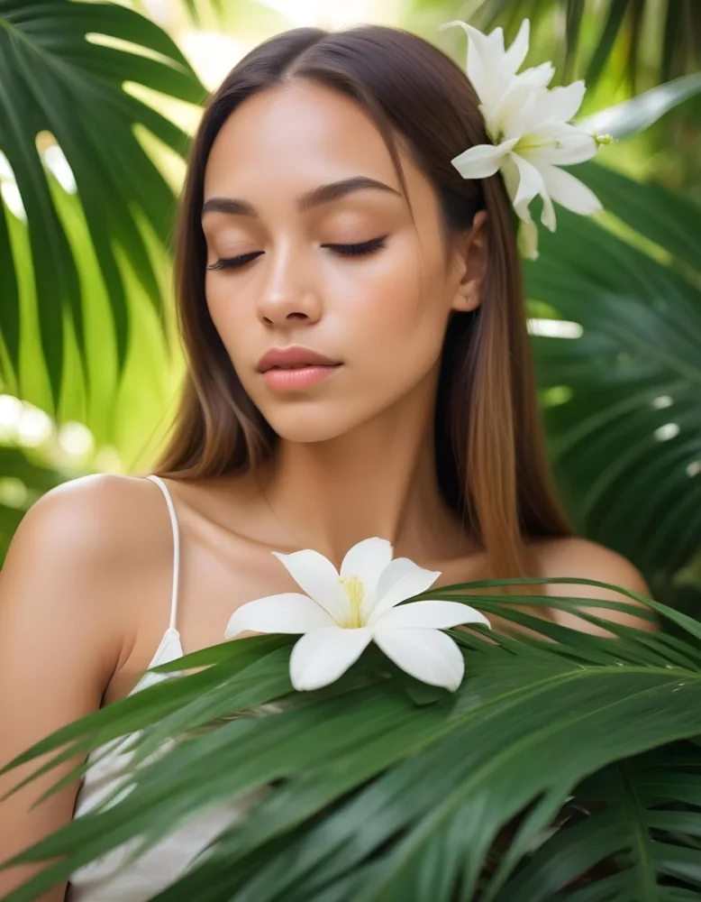 A Young Woman With Light Skin And Long Straight Hair Adorned With A White Flower She Has Her Eyes Closed And A Serene Expression Surrounded By Large Green Palm Leaves The Background Is Softly Blurred Emphasizing H 32 7e8f