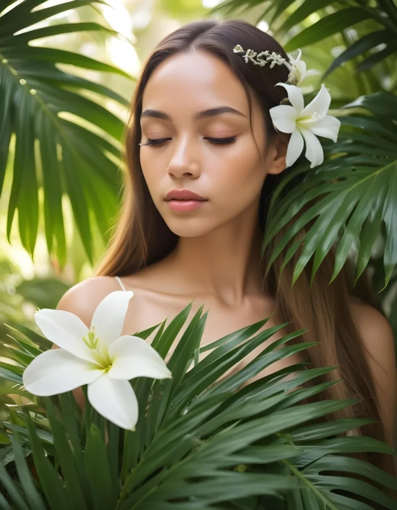 A Young Woman With Light Skin And Long Straight Hair Adorned With A White Flower She Has Her Eyes Closed And A Serene Expression Surrounded By Large Green Palm Leaves The Background Is Softly Blurred Emphasizing H 36 1019