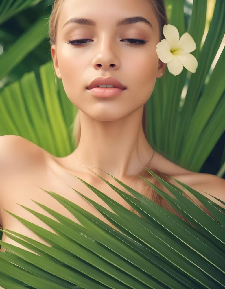 A Young Woman With Light Skin And Long Straight Hair Adorned With A White Flower She Has Her Eyes Closed And A Serene Expression Surrounded By Large Green Palm Leaves The Background Is Softly Blurred Emphasizing H 38 A121