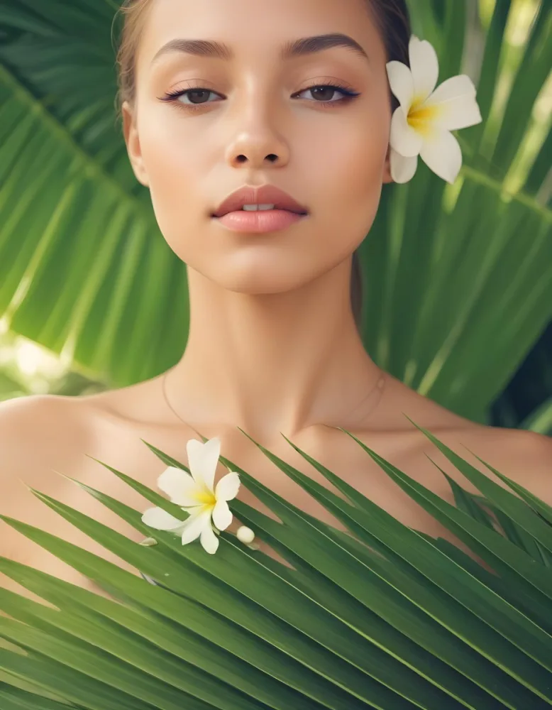 A Young Woman With Light Skin And Long Straight Hair Adorned With A White Flower She Has Her Eyes Closed And A Serene Expression Surrounded By Large Green Palm Leaves The Background Is Softly Blurred Emphasizing H 41 63a9