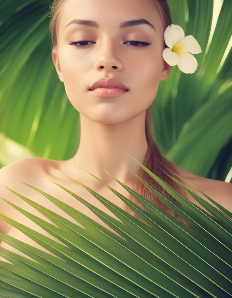 A Young Woman With Light Skin And Long Straight Hair Adorned With A White Flower She Has Her Eyes Closed And A Serene Expression Surrounded By Large Green Palm Leaves The Background Is Softly Blurred Emphasizing H 42 7236