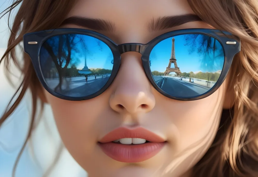 A Young Woman With Light Skin And Long Wavy Brown Hair Is Wearing Stylish Sunglasses The Lenses Reflect A Vibrant Blue Scene Featuring The Eiffel Tower She Has A Natural Makeup Look With Full Lips And A Slight Smil 12 4198